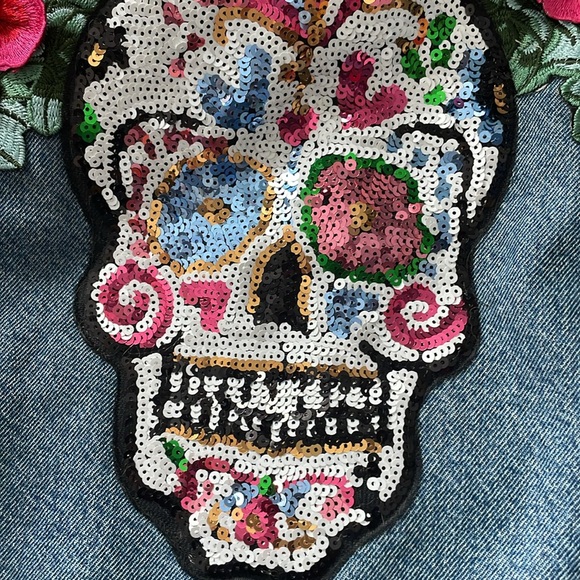 Levi Strauss Denim Sugar Skull Floral Dia de Los Muertos Sherpa Lined Jacket - Picture 6 of 13